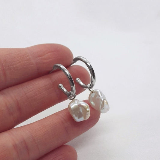 Keshi Pearl Silver Hoops - Katherine Seaman Jewellery