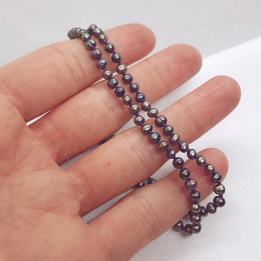 Peacock Pearl Hand Knotted on Purple Silk Necklace - Katherine Seaman Jewellery