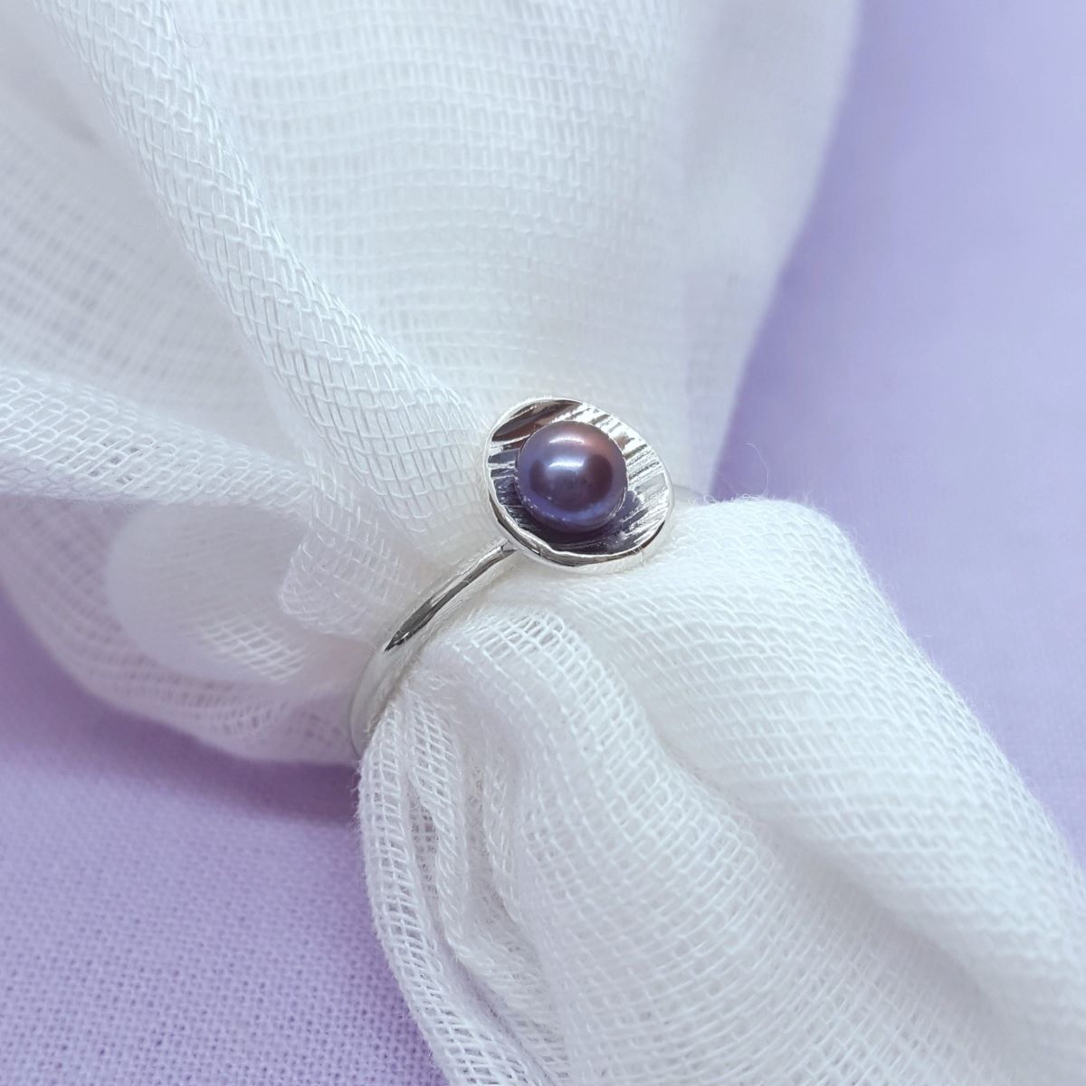 Handmade Peach Pearl and Silver Ring - Katherine Seaman Jewellery