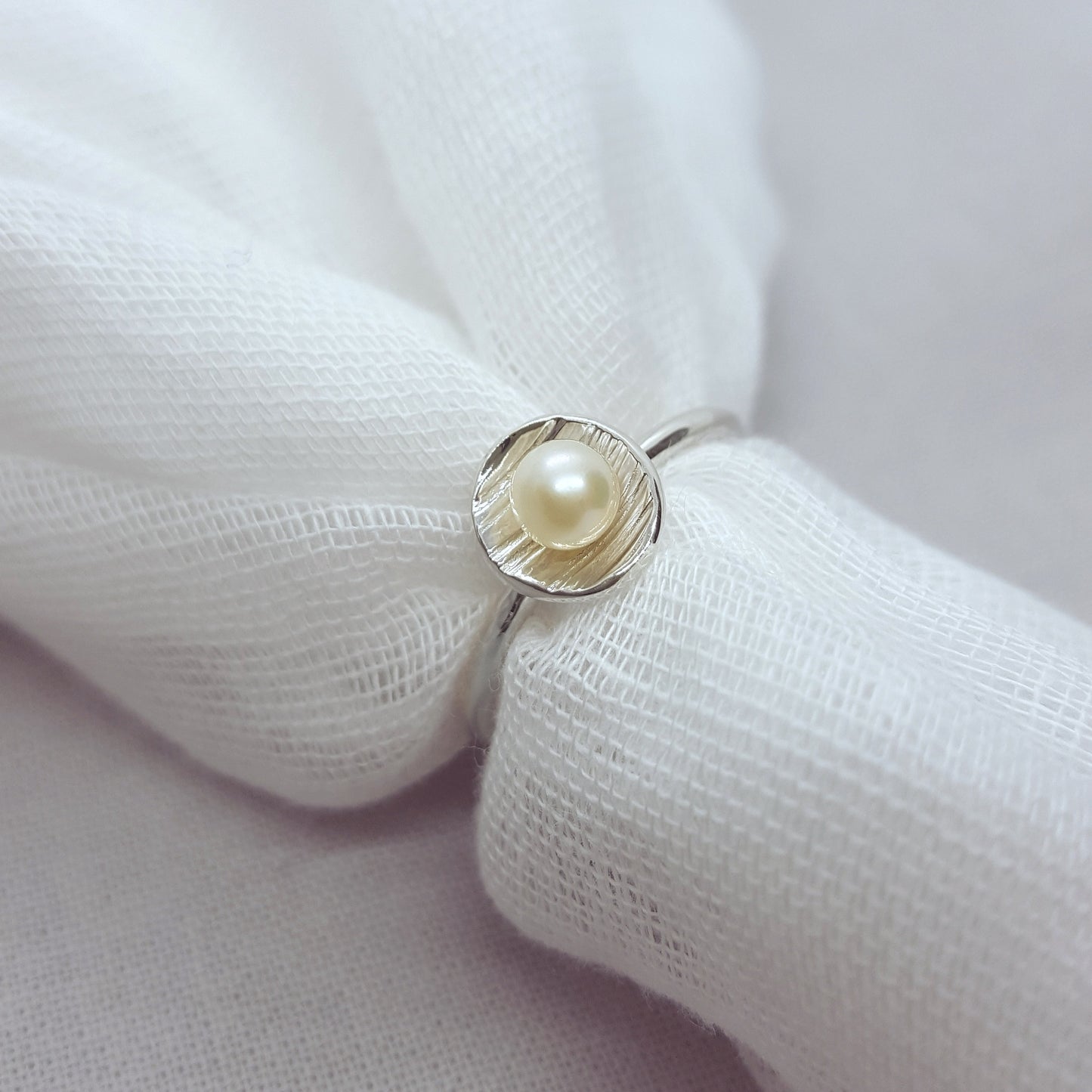 Handmade Peach Pearl and Silver Ring - Katherine Seaman Jewellery