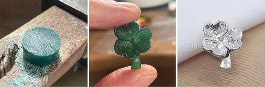wax carved silver and diamond shamrock lapel pin