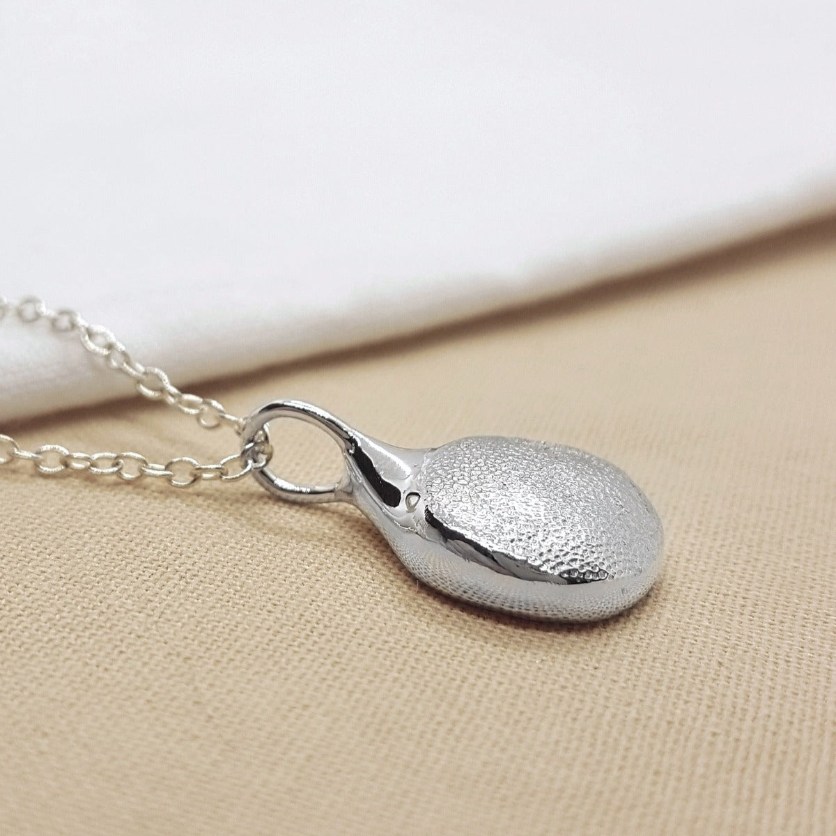 handmade dog paw print captured on a solid sterling silver pendant, hanging on a silver trace chain