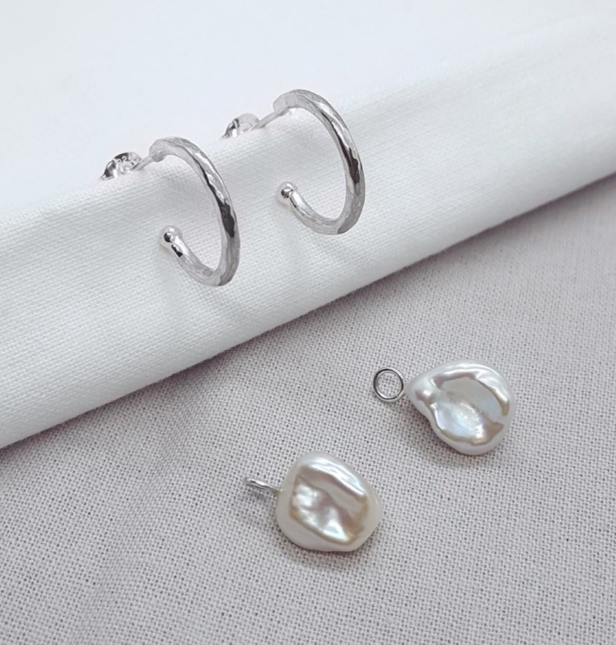 Keshi pearl silver hoops with detachable pearls, handmade jewellery in Kent