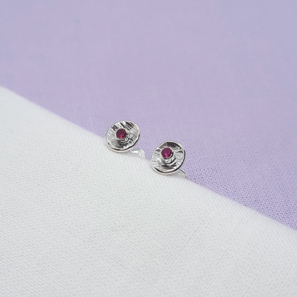 handmade silver and lab grown ruby mini earrings|