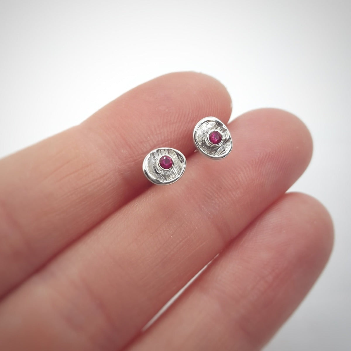 handmade silver and lab grown ruby mini earrings|