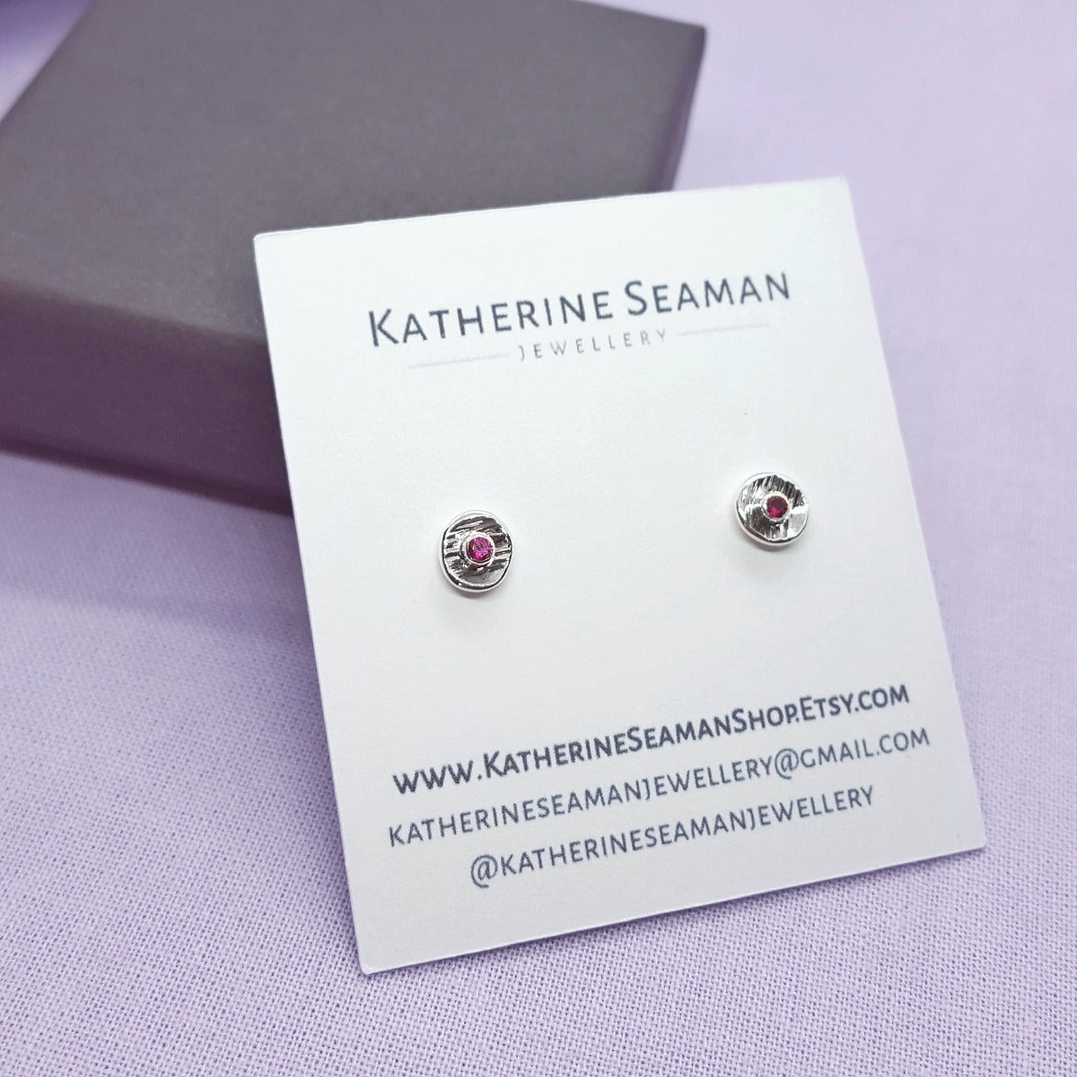 handmade silver and lab grown ruby mini earrings|