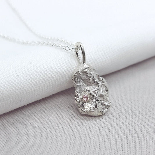 water cast silver and pink CZ necklace 