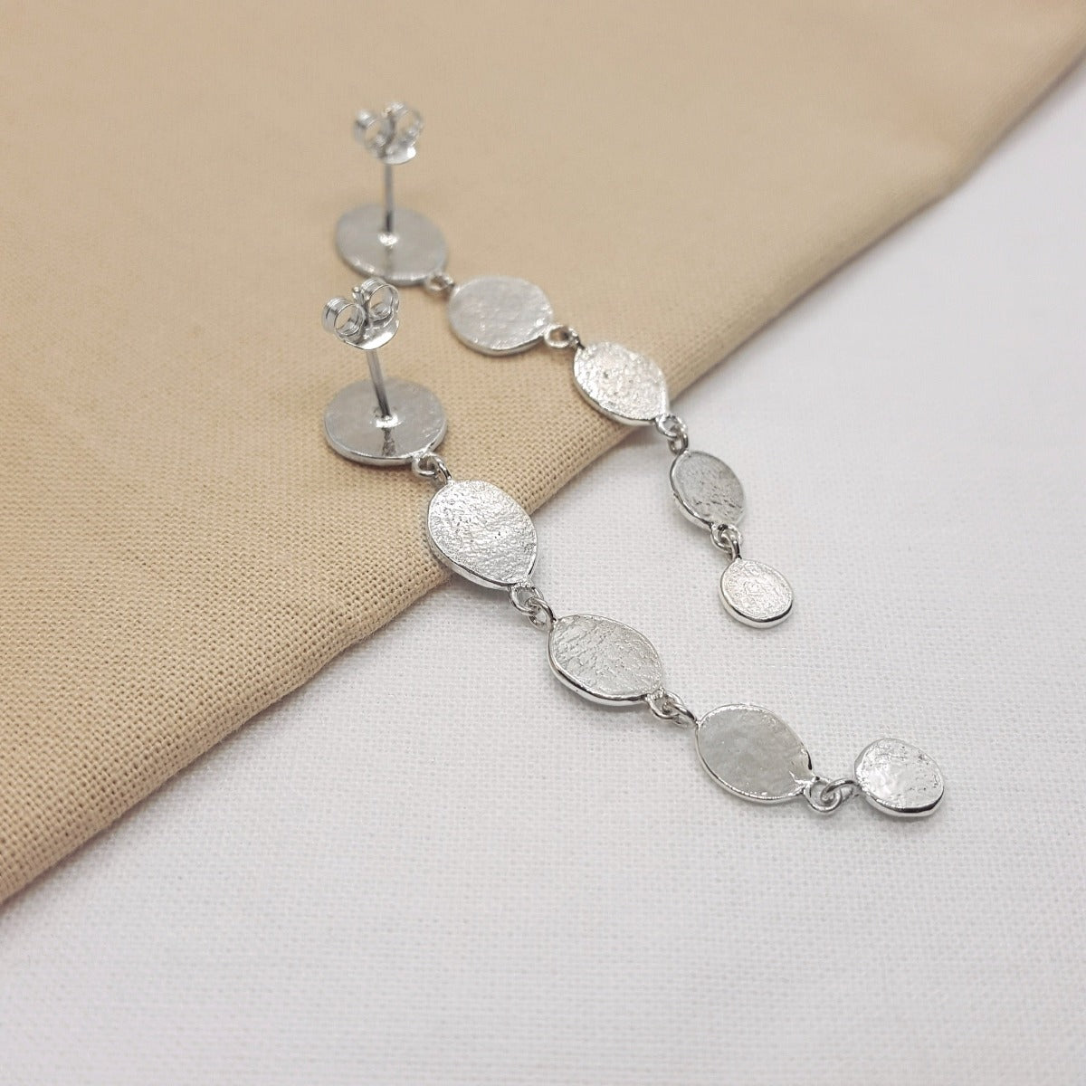 Large statement textured five graduating silver drop earrings, handmade jewellery in Kent