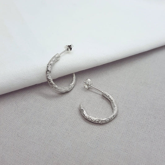 textured silver handmade hoops