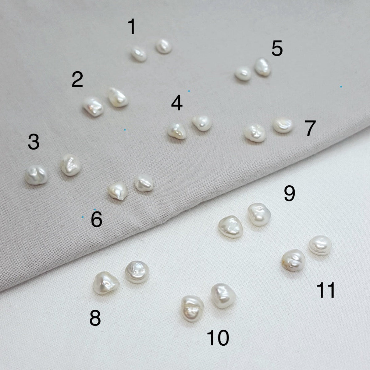 White pearls scattered on a gray fabric background with numbers indicating their positions.